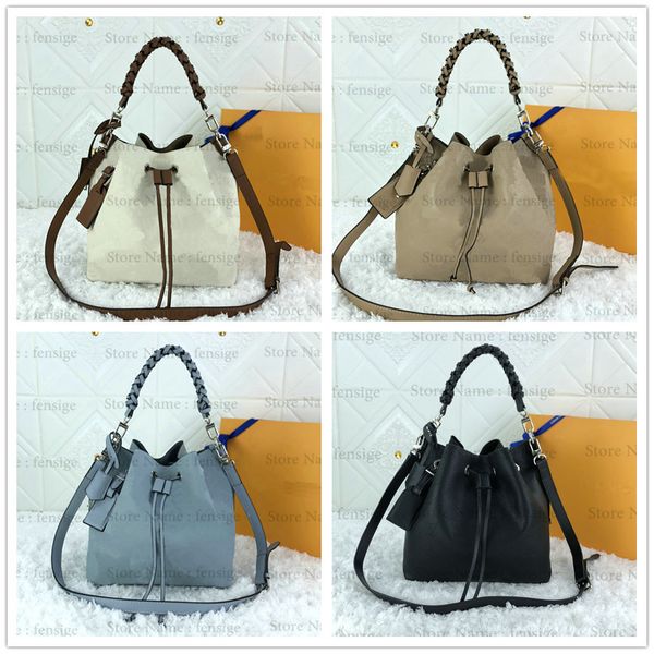 

muria bucket bag braided handle bag perforated mahina calf leather drawstring handbag include name tag and keybell creme noir galet navy blu