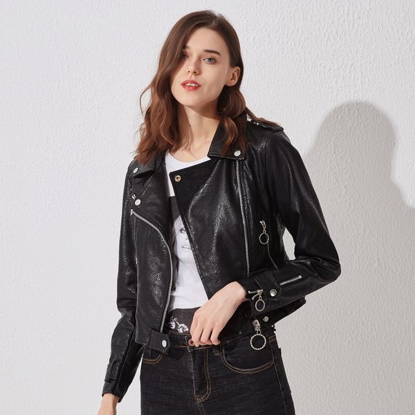 

2021 new autumn of the soft loose basic female jackets turndown collar plutonium jacket women's leather x6tt, Black