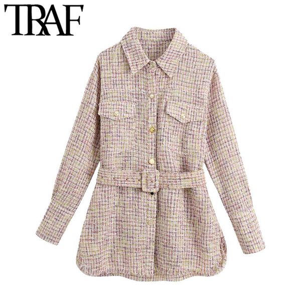 

traf women fashion with belt frayed trim tweed jacket coat vintage long sleeve pockets female outerwear chic 201026, Black;brown