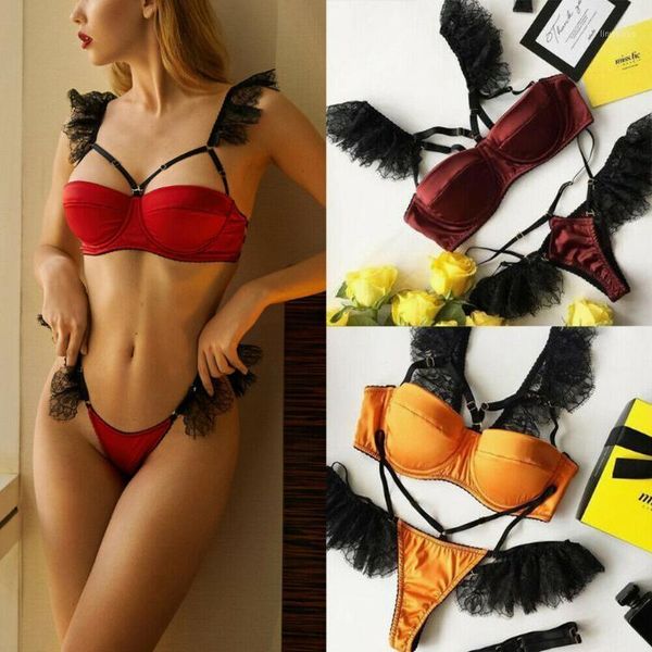 

2pcs lingerie women lace satin silk patchwork underwear babydoll sleepwear lace bra high waist g-string bra & brief sets1, Red;black