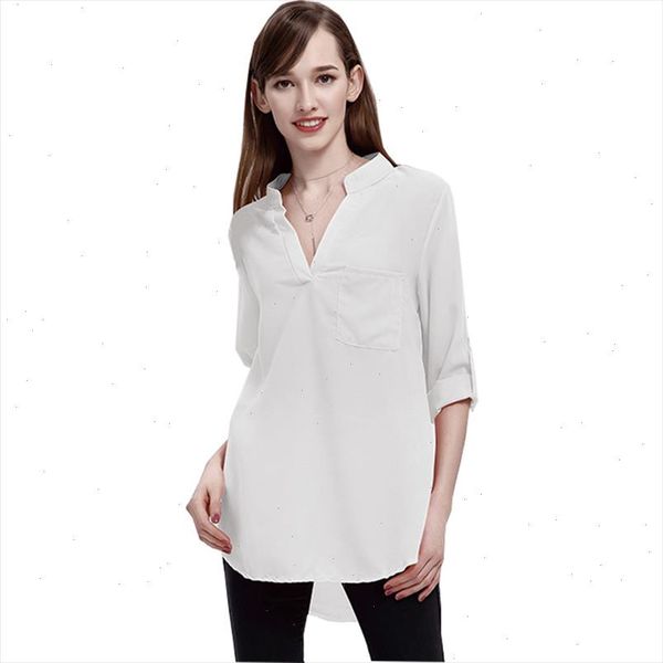 

women blouse 2021 fashion new plus size deep v neck long sleeved pocket loose summer shirt blusa feminina vestidos eff6145, White