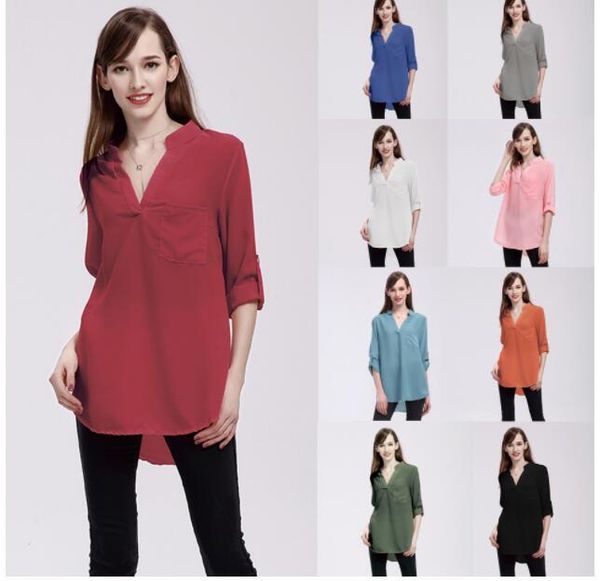 

spring women blouses shirt long sleeve casual chiffon v neck solid female korean vogue shirt loose long shirts 5xl, White