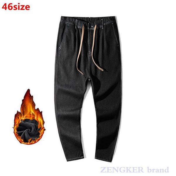 

winter elastic waist jeans men plus size high stretch black loose velvet pants men's trousers fleece denim 46 kg-792, Blue
