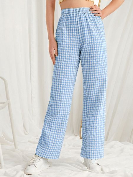 

buffalo plaid straight leg pants n5q3#, Black;white