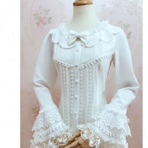 

gorgeous retro style female lolita white blouse sweet long bell sleeve shirt with tassels drop shipping