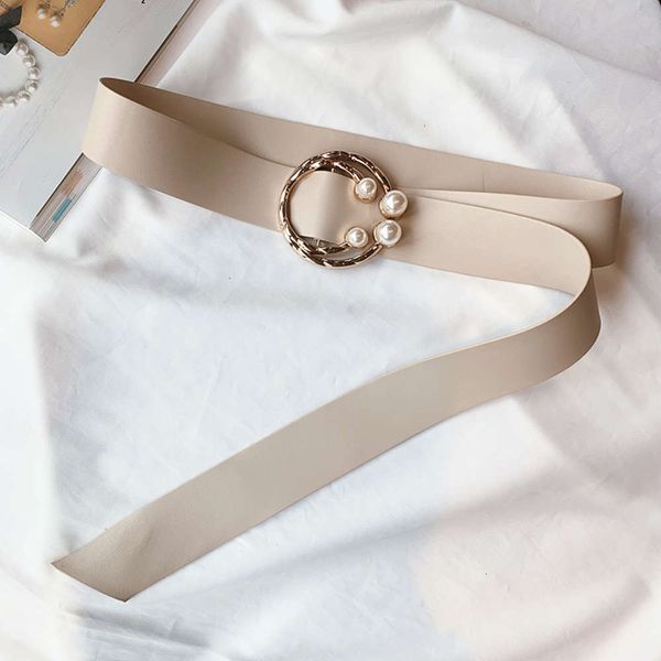 

pearl spring double buckle wide women's decorative dress pu belt versatile casual waist, Black;brown