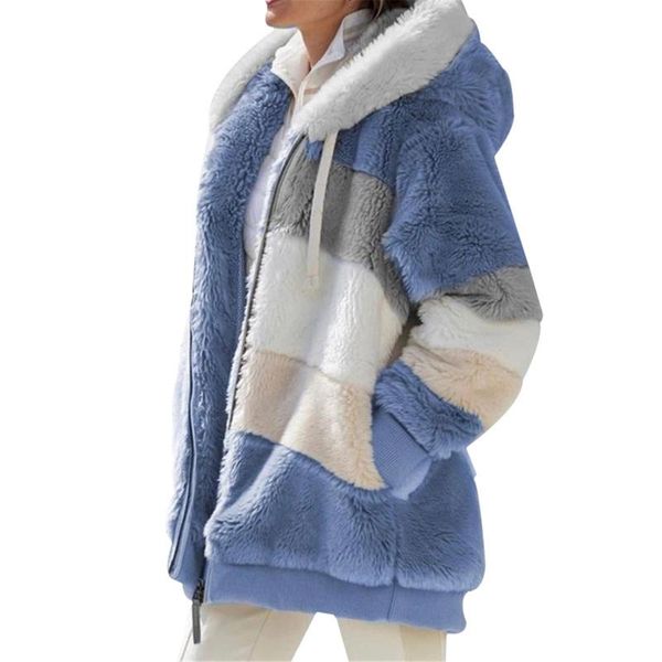 

women's wool & blends winter contrasting plush padded coat warm loose fit zipper closure hooded various color outerwear for women-wt, Black