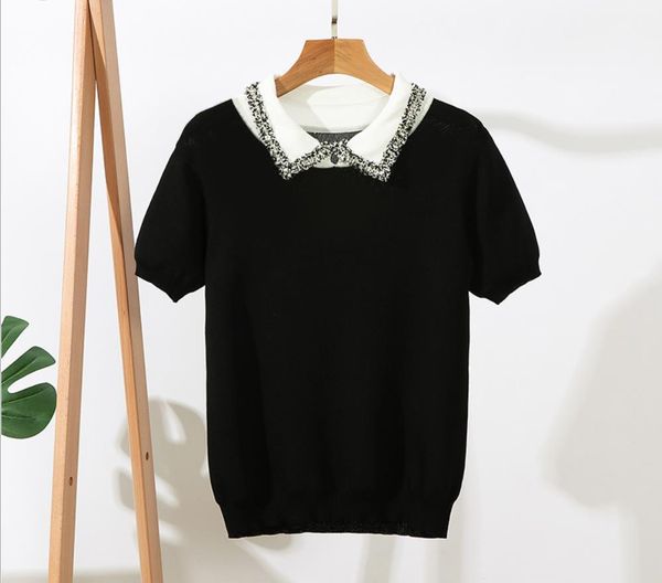 

women girl summer short sleeve pullovers turn down collar knitted sweater cute sweet knitwear outwear jumper, White;black