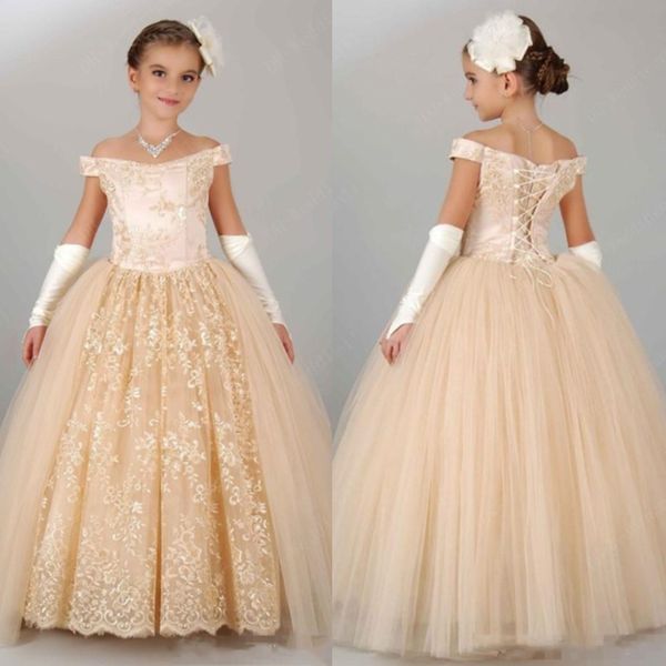 Elegantes, helles Champagner-langes Blumenmädchenkleid für Hochzeit, schulterfrei, Spitzenapplikationen, Prinzessin, Abschlussball, Festzug, Kleinkind, Kinder, Kommunionkleid