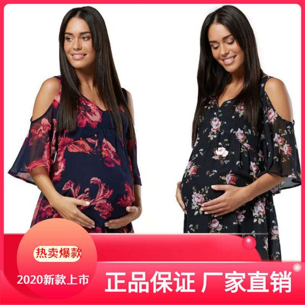 

v-neck summer 2020 new digital print off shoulder short loose mid sleeve pregnant women's dress, Black;gray
