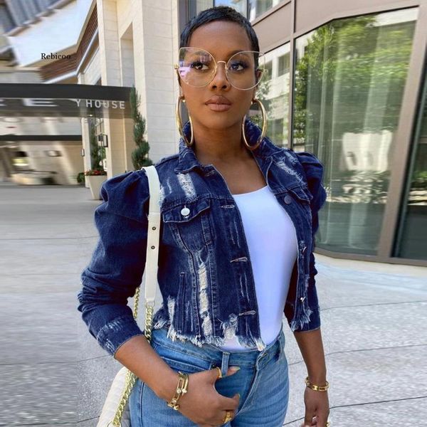 

women's jackets autumn plus size 5xl denim jacket women puff sleeve hole single breasted short coat female casual streetwear, Black;brown