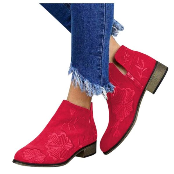 

ретро женские ботинки повседневные замшевые квадратные каблуки обувь женщина молния вышивка короткими пинетками заостренный носок ankleboot, Black