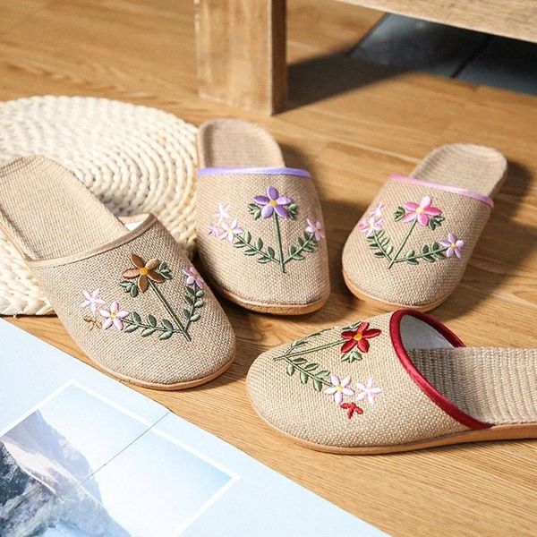 

new women breathable flax indoor slippers embroider floral linen home flat shoes ladies summer non-slip beach slippers #or9y, Black