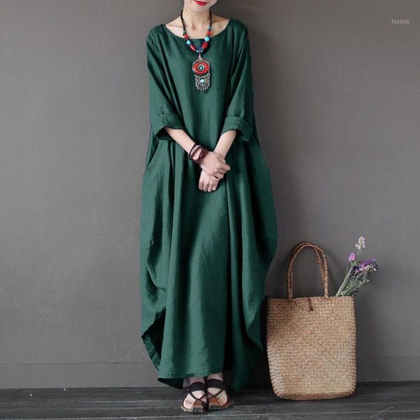 

vintage long maxi dress women long sleeve big size kaftan baggy loose cotton linen casual dress 2020 plus size 5xl robe vestidos1, Black;gray