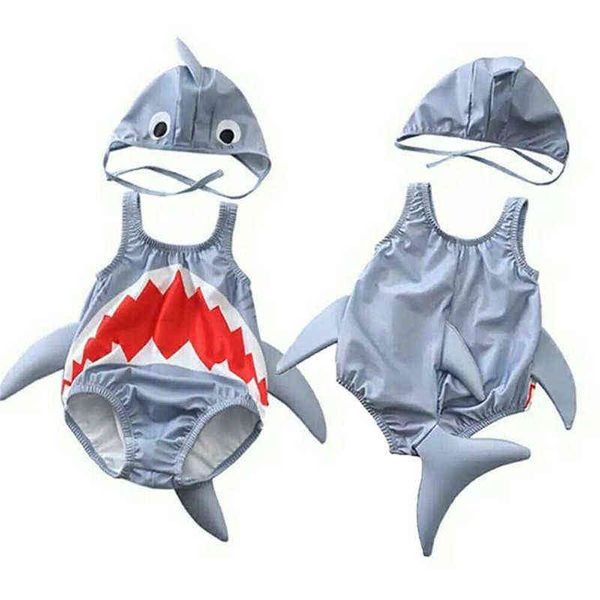 Mode Kinder Grau Bikini + Badekappe 2019 Sommer Kleinkind Kind Baby Mädchen Junge 3D Cartoon Shark Badeanzug einteilige Badebekleidung Heißer G1221