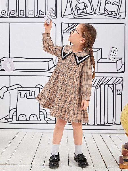 

toddler girls plaid sailor collar ruffle hem dress she, Red;yellow