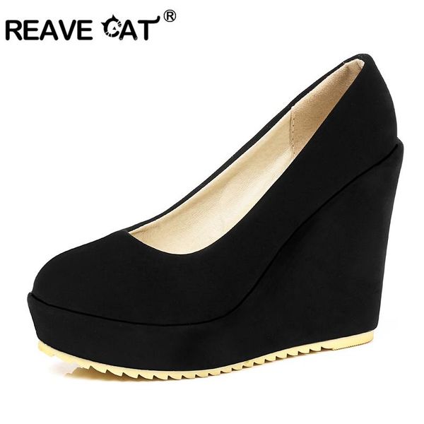 

reave cat large size 34-43 women round toe suede party slip on high heel shoes ladies wedge platform daily pumps black