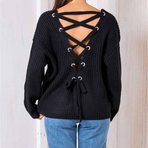 

2019 new women v back criss cross sweaters pullovers v neck bandage sweaters long sleeve knitted jumper ladies1, White;black