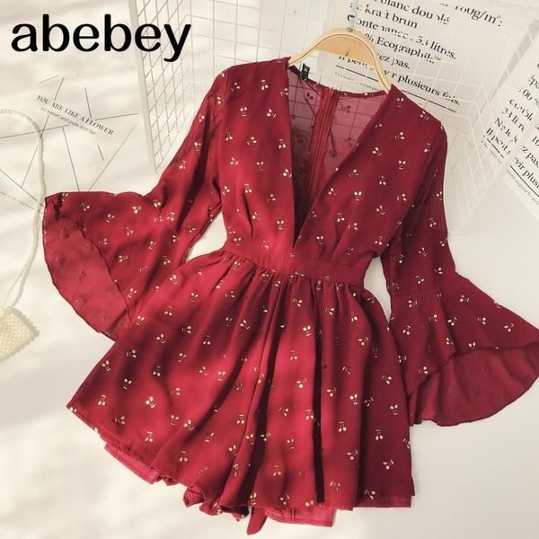 

старинные bohemia playsuits женщины вишневые напечатанные глубокие v-образные вырезы высокая талия slim holiday beach широкопии шорты брюки, Black;white