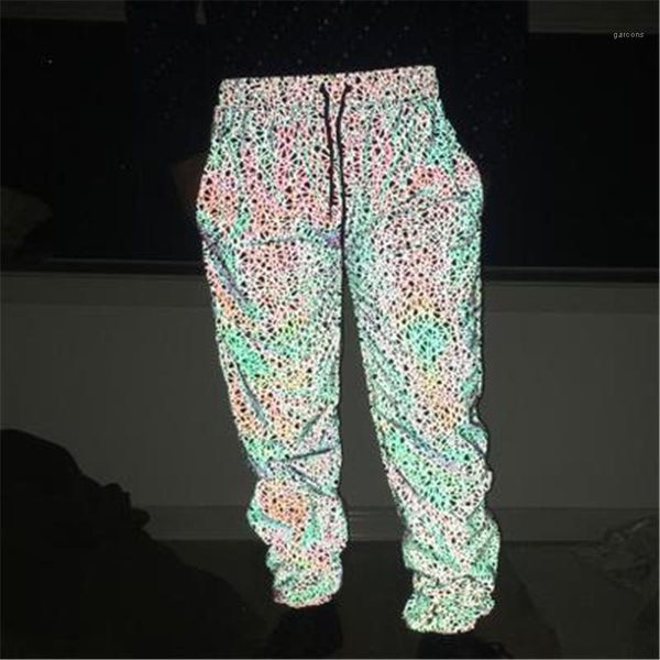 

colorful reflective pant fashion personality casual loose reflective trousers designer female drawstring with pocket sport pant women, Black;white