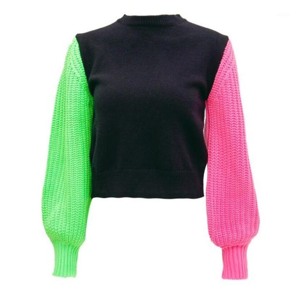 

autumn and winter new contrast color trumpet sleeve round neck long sleeve pullover loose sweater1, White;black