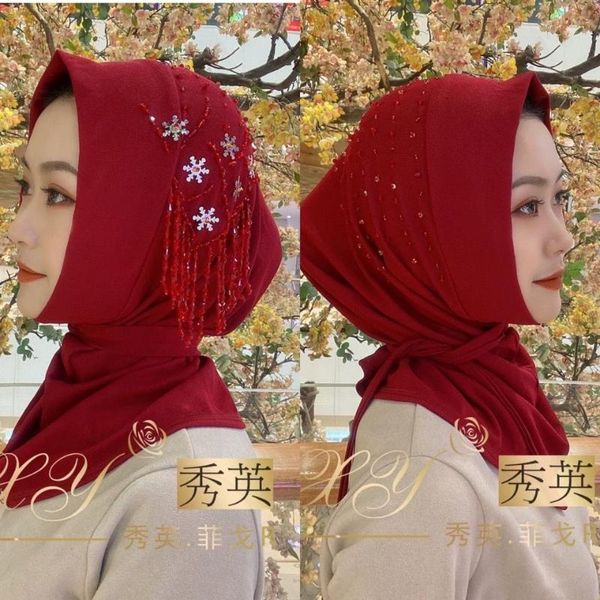 

new luxury beading muslim women headscarf instant hijab with tie, Red
