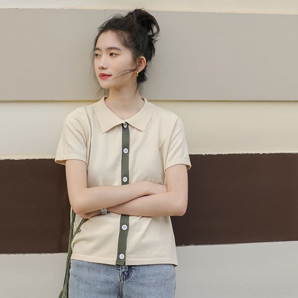 

0pd2m women's t-shirt sleeve summer new korean western silk style simple contrast sweatert-shirt sweatercolor lapel ice style short 202, White;black
