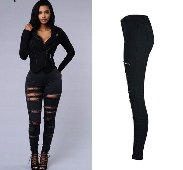 

women's jeans 2021 fall ladies fashion elastic high waist demin pants skinny hole trousers street style, Blue