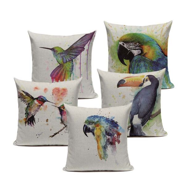

stylish parrot pillow case cotton linen watercolor starling almofadas 45cmx45cm square home linen cotton bird pillow case