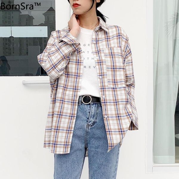

bornsra 2020 korean female loose woman shirt plaid stand regular knitted office lady women long sleeve shirts female lj200831, White