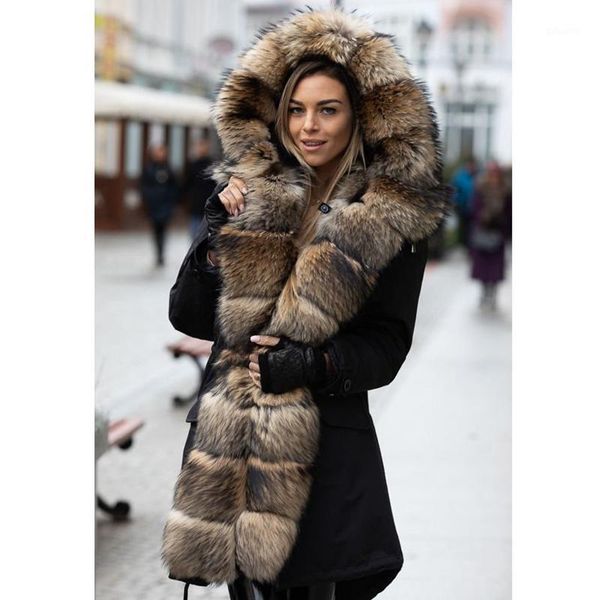 

ckmorls real raccoon fur parkas coat women genuine fur liner jacket 2019 ladies plus size long outwear jackets1, Black