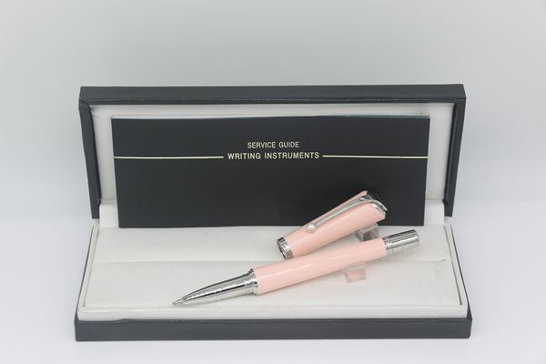 Tintenroller in rosa Gehäusefarbe mit silbernem Besatz und weißem Perlmutt-Geschenkstift für Büro- und Schulbedarf