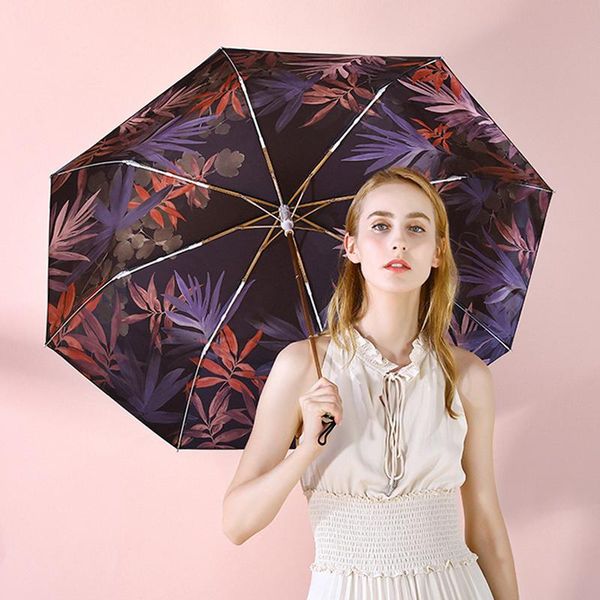 

maple leaf design large three folding umbrella rain with black coating uv protection parasol windproof women and lady bbyvlo packing2010
