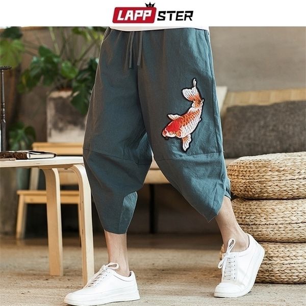 

lappster cotton linen harem pants summer harajuku track pants fish embroidery joggers korean fashion casual trousers 5xl 201112, Black