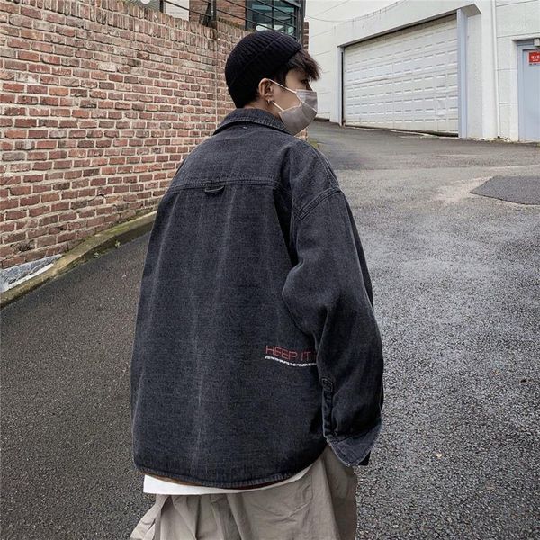 

2020 autumn and winter new korean version of the men's japanese loose embroidery printinglapel washed denim street casual jacket1, Black;brown