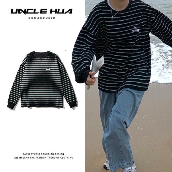 

new men's casual stripe long sleeve t-shirt woman oversize fashion pullovers 2021 harajuku streetwear male clothing 25k0, Black