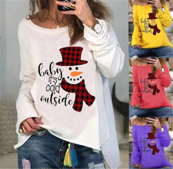 

hem tee fashion summer female long sleeve casual long tshirt christmas snowman pattern women t-shirts designer loose round neck irregular, White