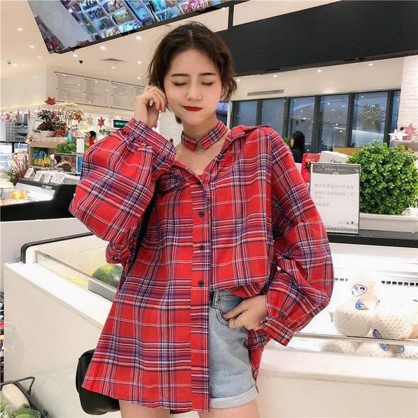

women's blouses & shirts women plaid long sleeve loose korean leisure fashion arrival students daily streetwear casual womens, White