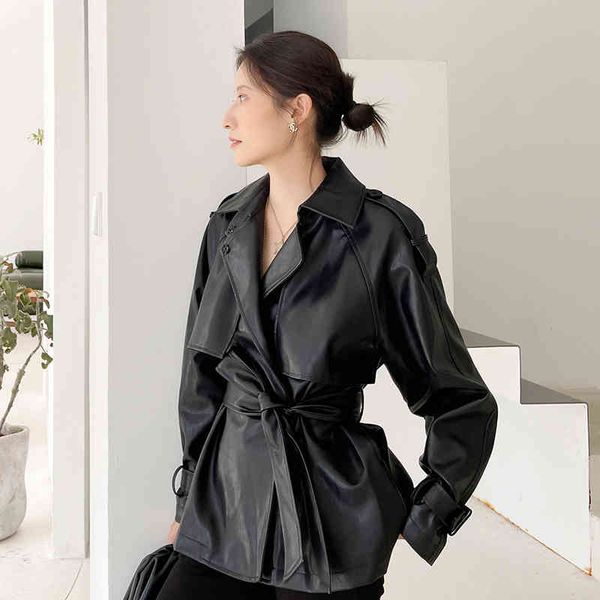 

women's suits & blazers [eam] loose fit black pu leather belted big size jacket lapel long sleeve women coat fashion spring autumn 2022, White;black