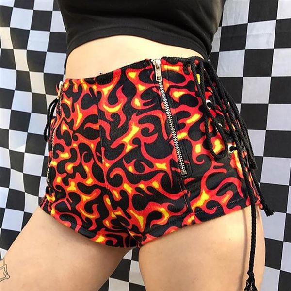 

harajuku womens shorts fire print double zipper high waist slim strap casual shorts for female summer fashion tumblr, White;black