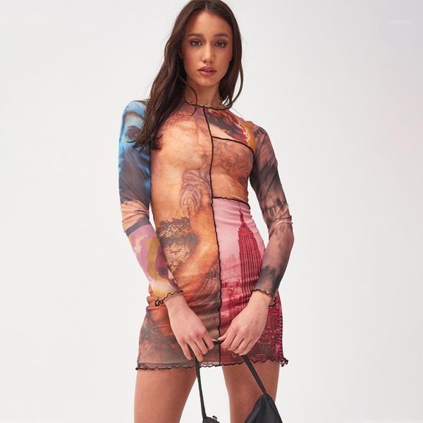 

2020 dress women fashion bodycon dress women club party ladies print net yarn skinny elegant1, Black;gray