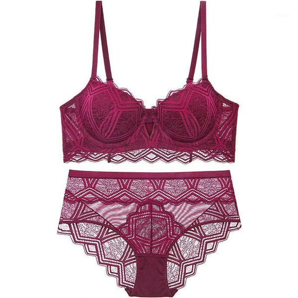 

bras sets lace lingerie women bra set push up thicken underwear 3/4 cup embroidery flowers and panties1, Red;black