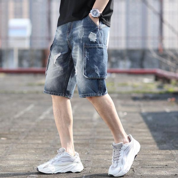 

new summer knee length denim shorts men's ripped scratched holes big pocket jeans short pants blue cargo shorts plus size1