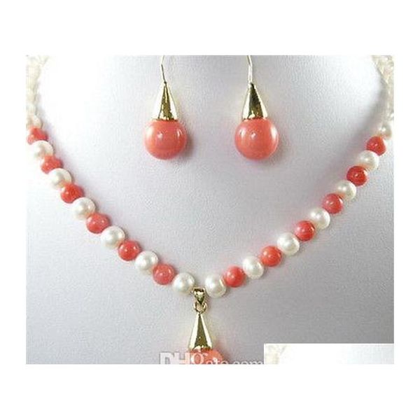 

white pearl & pink coral color shell pearl 18kgp pendant necklace earrings set 1qbfd, Silver