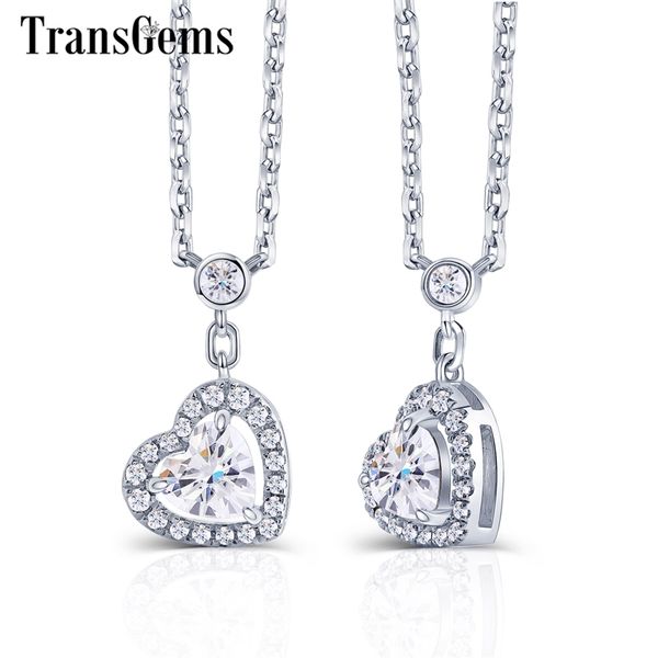 

transgems 14k 585 white gold 4mm 0.3ct heart shape f color moissanite with halo pendant necklace chain length 18 inch y200620, Silver