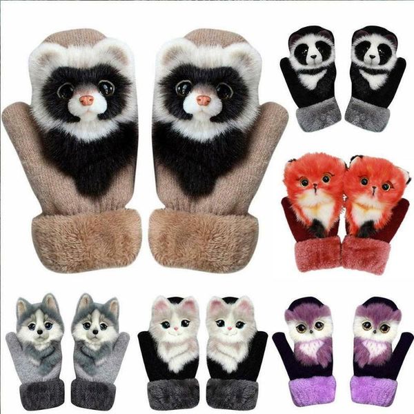 

thick warm kids gloves animal cartoon pattern gloves autumn and winter warmth plush knitted mittens christmas gifts, Blue;gray