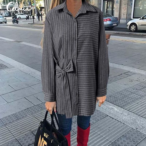 

fashion striped women's long sleeve shirts celmia autumn lapel casual loose bow blouses ladies work blusas plus size, White