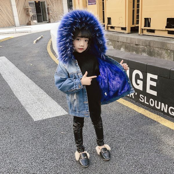 

winter girls denim coat children cotton denim fur collar jacket kids girls hooded plus velvet warm parkas outwear 201109, Blue;gray