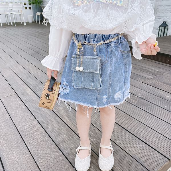 

spring summer girls skirt baby denim skirt kids fashion skirt children streetwear bottom waistbag medal chain ripped 4 to 11 yrs y200704