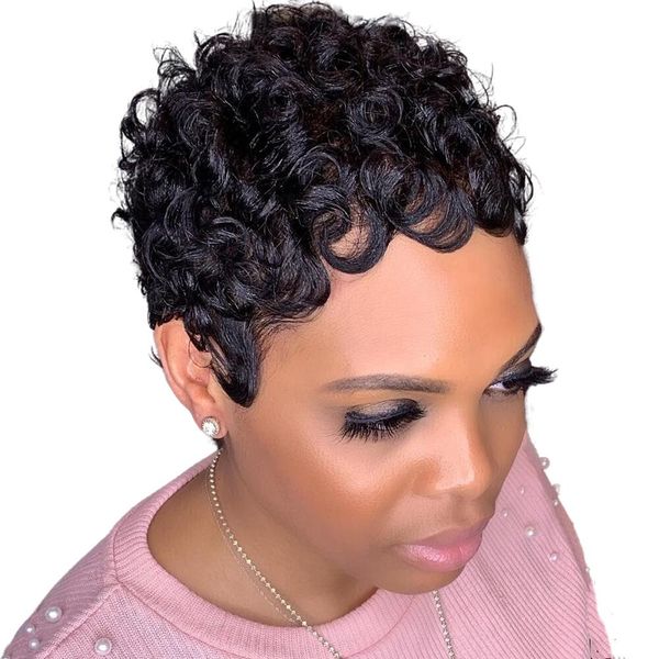

short curly wigs for black woman pixie african american human hair short wave wig, Black;brown